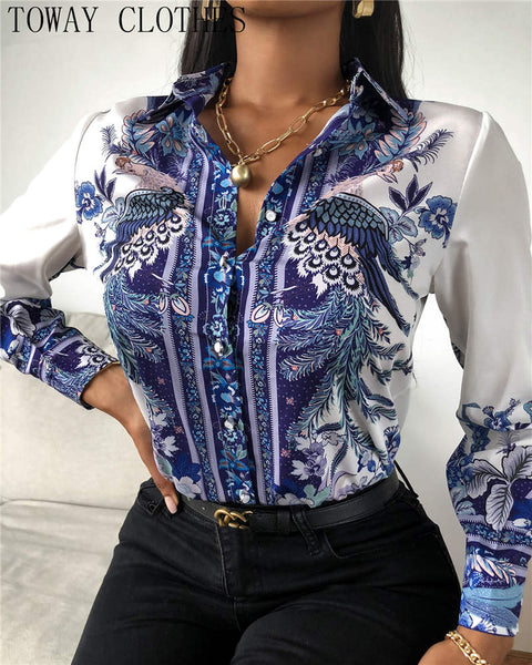 Turn-Down Collar Polyester Long Sleeve Patchwork Print Colorblock Button Down Blouse By Toway Clothes