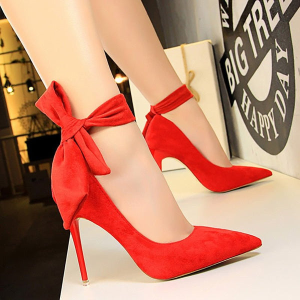 BIGTREE Shoes High Heels Suede Bow-Knot Women's Pumps Stiletto Ladies Shoes Women's Basic Pump Wedding Fashion Footwear