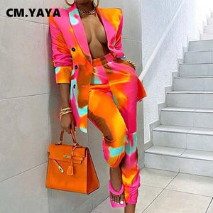 CM.YAYA Women's Sets Pants Suit Tie Dye Print Full Sleeve Notched Blazer + Pants Suits Two Piece Sets Autumn Office Ladies Work Ensemble
