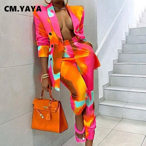CM.YAYA Women's Sets Pants Suit Tie Dye Print Full Sleeve Notched Blazer + Pants Suits Two Piece Sets Autumn Office Ladies Work Ensemble