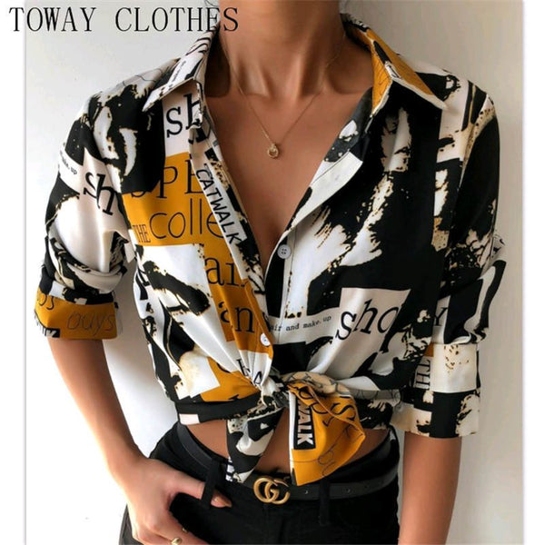 Turn-Down Collar Polyester Long Sleeve Patchwork Print Colorblock Button Down Blouse By Toway Clothes