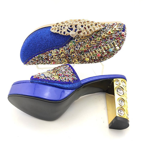 2020 New Arrival Royal Blue Color Shinning PU Material Ladies Shoes and Bag Set Decorated With Colorful Rhinestone for Party