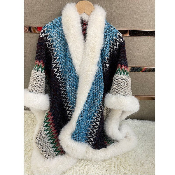 2022 Women's Fur Coat Poncho Wool Warm Fashion Bohemia Knitted Cloak With Fur