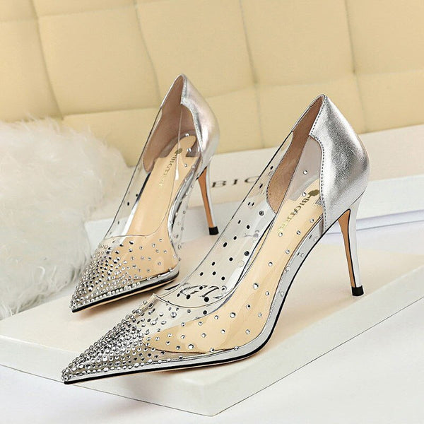 BIGTREE Women's Sexy Thin High Heel Party Shoes Crystal Transparent Pointed Toe Stiletto Ladies Wedding Pumps