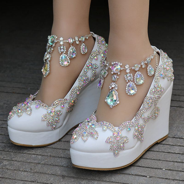 Crystal Queen Rhinestone Bride Wedding Shoes Woman Ankle Strap Shoes High Heels Wedges High Platform Shoes Pumps