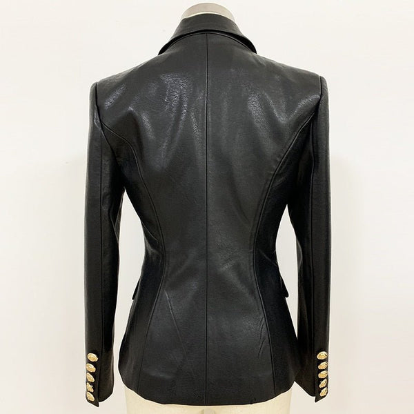 Newest Fall Winter 2021 Designer Blazer Jacket Women's Lion Metal Buttons Double Breasted Synthetic Leather Blazer Overcoat