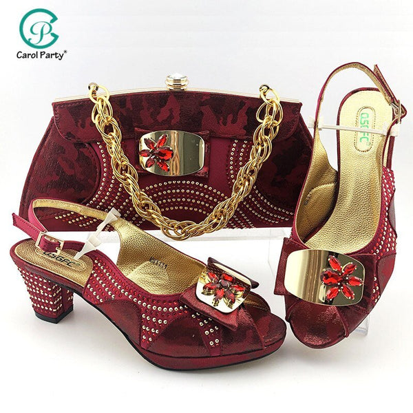 2020 Fashion Italian Design Green Color Shoes and Matching Bag With Rhinestone Red African Wedding Shoes and Bag Set for Party