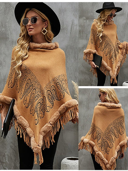 Fitshinling Fur Collar Bohemian Oversized Knitted Sweater Cape Furry Long Cloak
