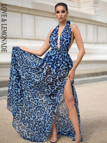 LOVE&LEMONADE Sexy Blue V-Neck Open Back Cut Out Leopard Chiffon Summer Long Dress  LM81049