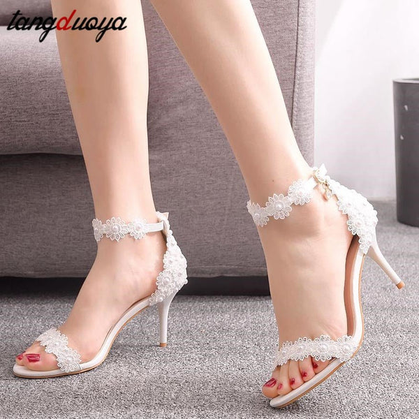 White Heels Lace Bride Shoes Wedding Shoes Sandals  Ankle Strap Pumps Women's Shoes 7.5CM Bridal Shoes Zapatos De Mujer 33-42