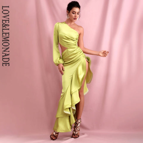 LOVE&LEMONADE Sexy Sophisticated Off-Shoulder Single Sleeve Side Split Cut-Out Detail Ruffled Ruched Split Thigh Asymmetrical Cocktail Party Maxi Dress