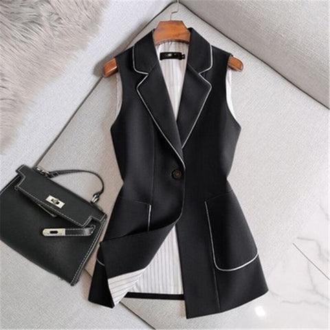 2021 Spring/Autumn Sleeveless Tuxedo Women Vintage Long Blazer Vest Chic Single Button Sleeveless Suit Female Jacket Outwear Waistcoat Tops