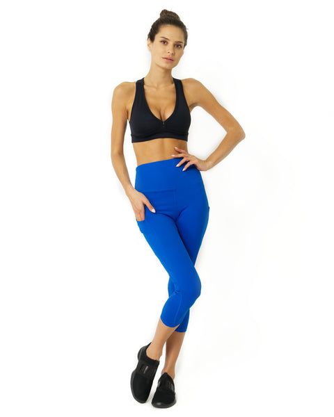 High Waisted Yoga Capri Leggings Brazilian Textile Polyester/Spandex High Performance Leggings By Savoy Active (Sky Blue)