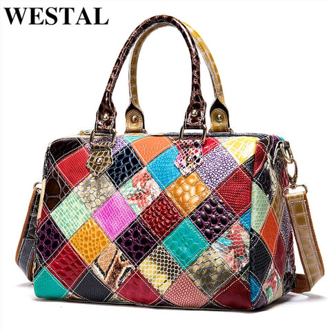 WESTAL Women's Leather Bags Patchwork Top-Handle Bags Women's Bag Genuine Leather Handbags Designer Shoulder Bags Female 277