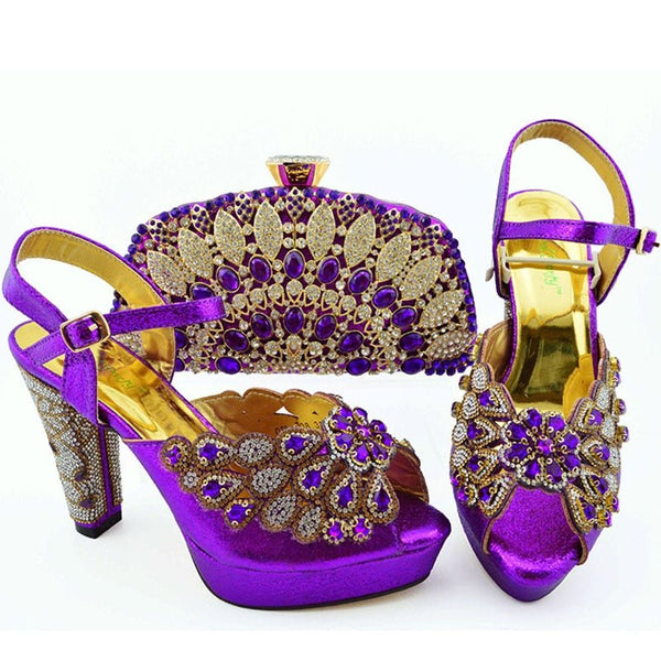 2021 African Hot Selling Italian Design Newest Ladies Shoes and Bag Set Decorated With Rhinestone in Pink Color for Party