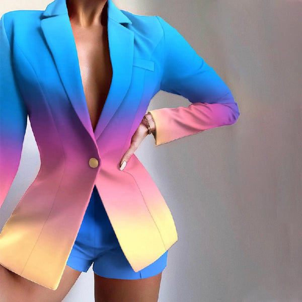 Unchain My Heart-Ladies Chains & Rainbow Colors Casual Single Button Lapel Detail Long Sleeve Blazer & Mini Shorts Set Ladies Suits Ensemble