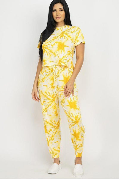 Tyra Tie-dye Polyester Blend Imported Yellow Stretch Knit Short Sleeve Top And Pants Set