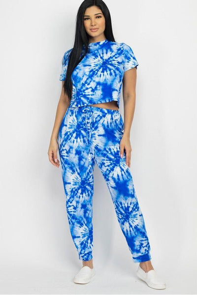 Tyra Tie-dye Polyester Blend Imported Blue Stretch Knit Short Sleeve Top And Pants Set
