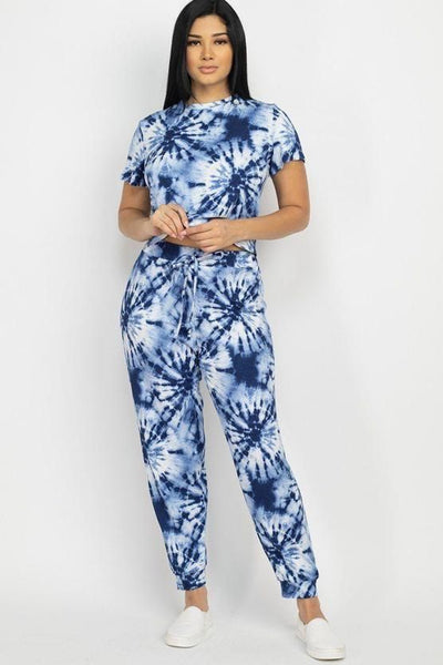 Tyra Tie-dye Polyester Blend Imported Navy Stretch Knit Short Sleeve Top And Pants Set