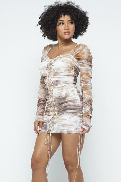 Roxanne Rocks 100% Polyester Brown Tie Dyed Mesh Mini Dress W/ Lace Up Details