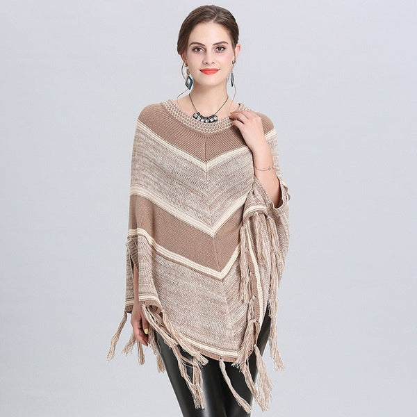 Cloak Shawl Tassel Striped Color Matching O-Neck Knitted Cape Poncho Shawl
