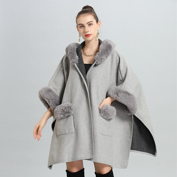 2022 Fashion Women Long Cardigan Streetwear Cloak With Hat Faux Fur Pocket Loose Poncho Coat Winter Thick Horn Buckle Capes