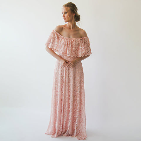 Blush Fashion Bohemian Floral Lace Ruffled Crinkle Off-The-Shoulder Pink Maxi Dress #1229