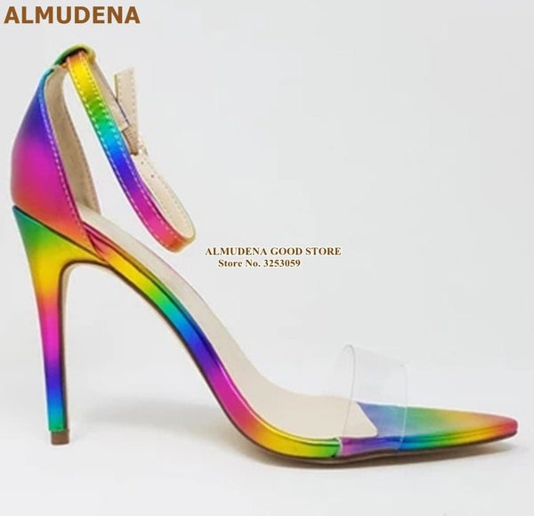 ALMUDENA Multi-Color Rainbow Strappy Sandals Stiletto Heels Clear PVC Strap Wedding Shoe's Multi - Color Pointed Toe Dress Pumps