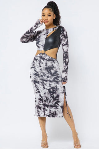 Tyra Tye-dye Polyester Blend Long Sleeve Cut Out Detail With Leather Bodice Midi Dress (Black)