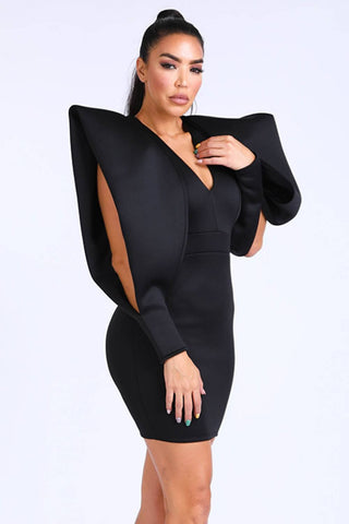 Sabrina Selena Polyester Blend Super Techno Deep-V Bodycon Open Sleeve Bodycon Mini Dress (Black)