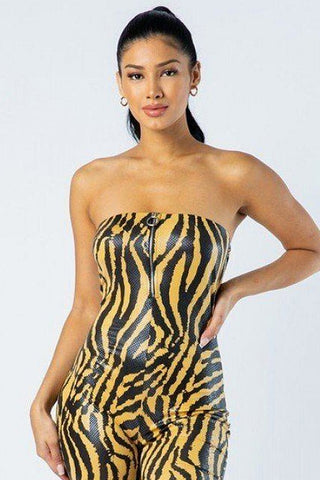 Samantha On Safari Polyester/Spandex Blend Zebra Print Tube Style Romper With Front O-Ring Zipper Detail (Taupe/Black)