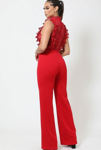 Our Best Mock Neck Polyester/Spandex Crochet Lace Combined Bodice Sleeveless Jumpsuit (Red)
