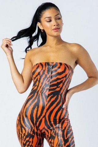 Samantha On Safari Polyester/Spandex Blend Zebra Print Tube Style Romper With Front O-Ring Zipper Detail (Orange/Black)
