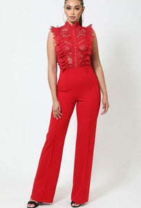 Our Best Mock Neck Polyester/Spandex Crochet Lace Combined Bodice Sleeveless Jumpsuit (Red)
