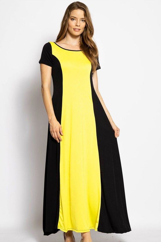Brenda Breezy Polyester Blend Black/Yellow Made In USA Sassy Sophisticated Summer Maxi Dress