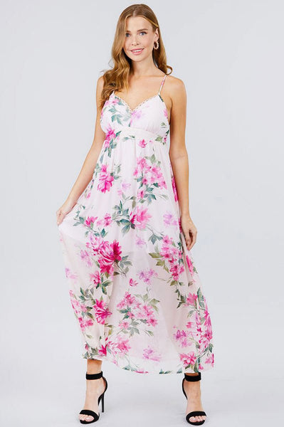 Miss Darla Diva 100% Polyester Floral-Multi Pattern Deep V-neck Cross Straps Back Detail Maxi Dress (Blush/Magenta))
