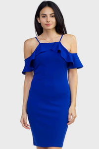 Selena Regina 95% Polyester 5% Spandex Ruffle Trim Open Shoulders Bodycon Halter Solid Color Mini Dress (Royal Blue)