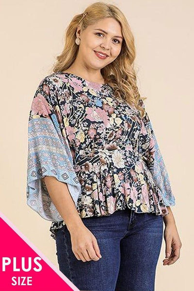 Amanda Fernanda Plus Size 100% Rayon Floral Scarf Mixed Print Round Neck Navy Kimono Top